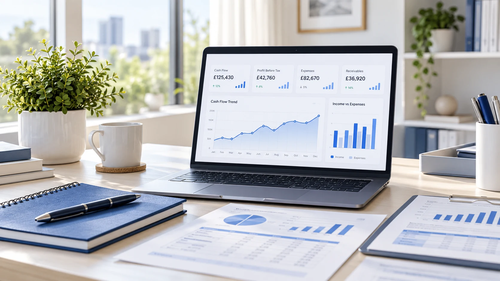 An organised workspace with illustrative financial reports and a cash-flow dashboard
